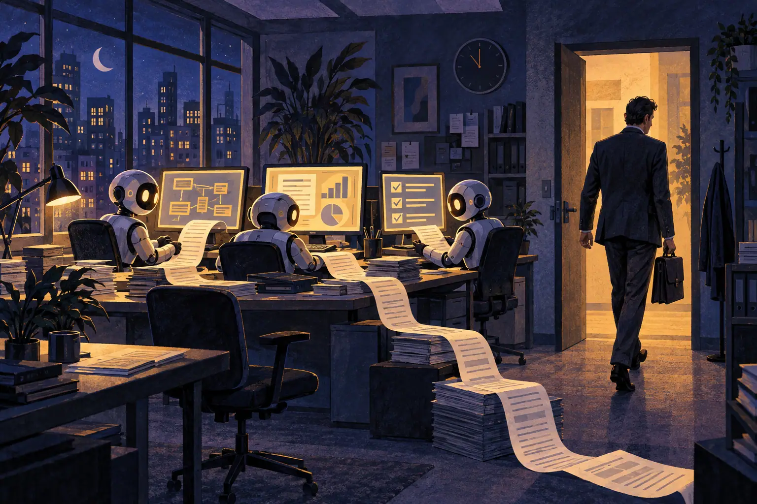 Ilustração de um profissional saindo do escritório à noite enquanto três robôs trabalham em computadores entre pilhas e fitas de tarefas.