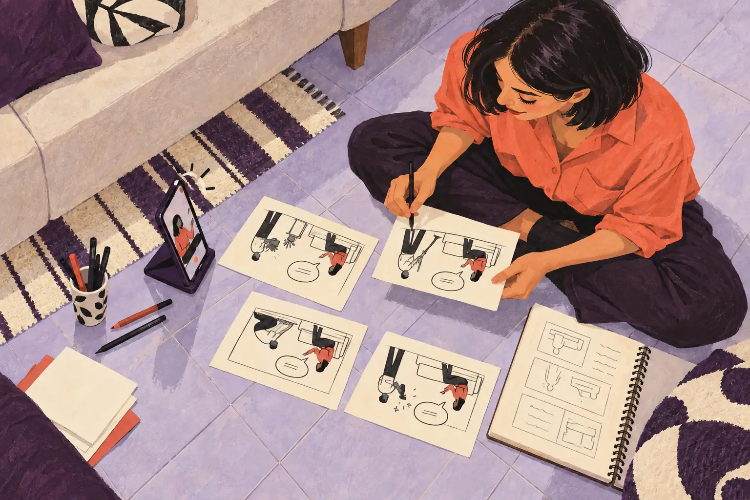 Ilustração vista de cima de uma mulher preparando cartões de roteiro no chão, com um celular e um caderno ao lado.