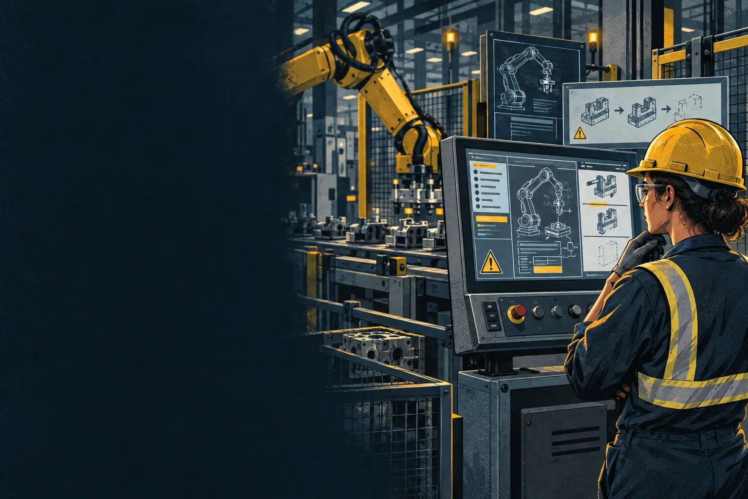 Ilustração em azul-noturno e amarelo de uma trabalhadora diante da interface de uma máquina industrial recém-instalada.
